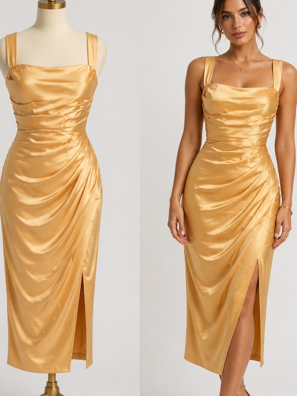 Elegant Gold Satin Midi Dress with Side Ruched Detail. 
NWT
Size Large